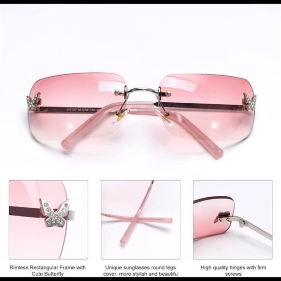 Elegant Pink Gradient Butterfly Rimless Sunglasses with Crystal Accents - Picture 4 of 7
